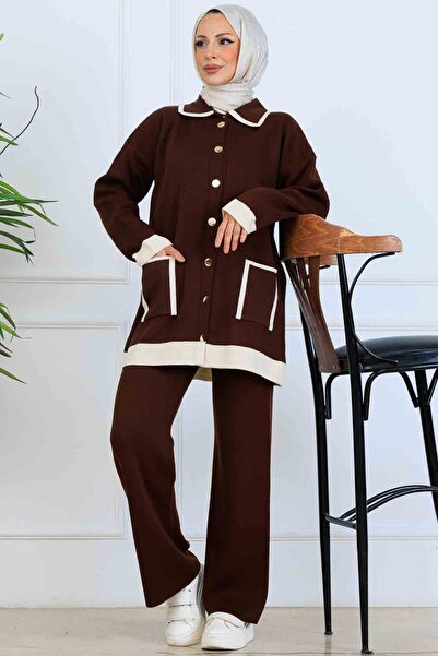 benguen Buttoned Line Detailed Knitwear Set S1043 Brown