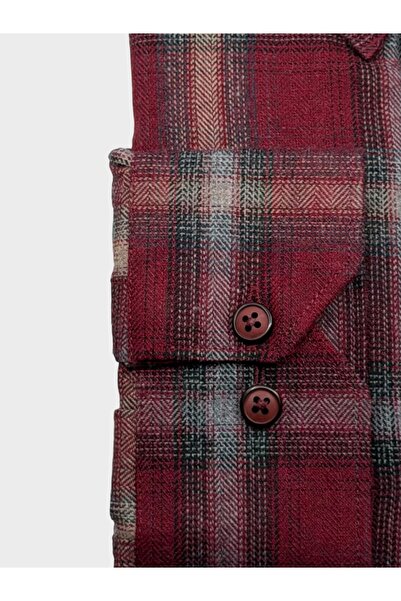 KAMER Men's Regular Fit Winter Long Sleeve Button-Up Collar Single Pocket Plaid Burgundy Shirt 3848R