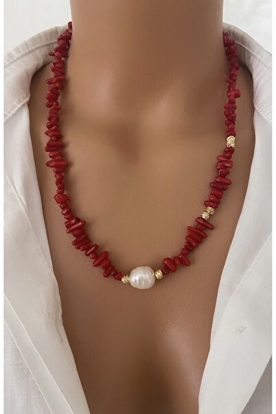 TARZ-I TAKI DOĞAL TAŞ KIRMIZI Dal Mercan Gerçek İNCİ Detay Kolye