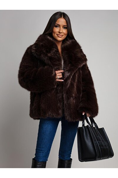 UniqueStore.ro Jachetă elegantă de blană ciocolatiu cu guler larg