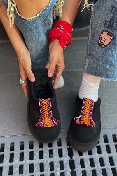 Shoebutik Coin Black Ethnic Tape Detail Plush Women's Slippers