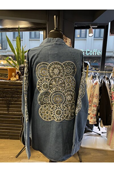 Miss Allos Women's Stone Embroidered Long Sleeve Denim Kimono