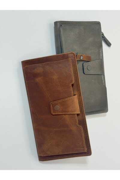 Nevgiss Aksesuar Double Compartment Real Leather Wallet with Phone Compartment and Zipper Strap