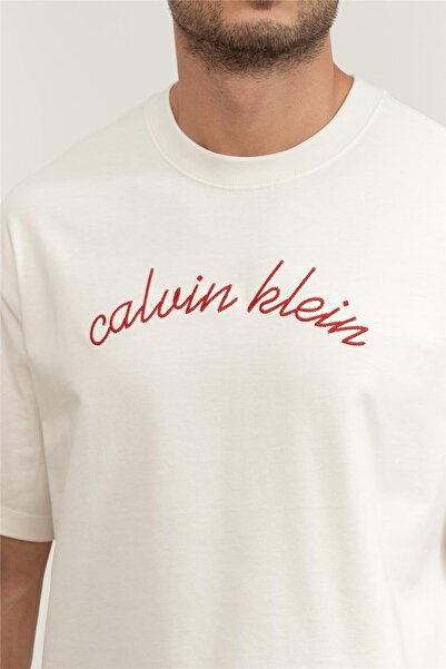 Calvin Klein Men's Brand Logo Organic Cotton Casual Cream T-Shirt Lv04Rc225G Yas