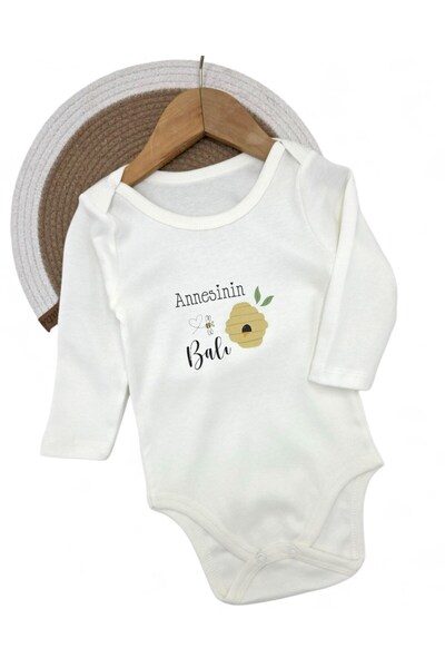 Egelite Mom's Honey Printed Long Sleeve, 100% Cotton Baby Snap Bodysuit / Zıbın / Undershirt