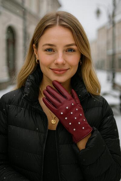 FELLMENS Mănuși de damă din piele brodate cu piatră burgundă