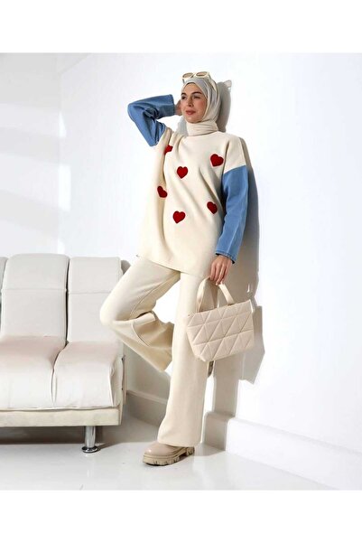 Intisimo Γυναικείο Σετ Πλεκτών, Δύο Τεμάχια, Over Size, Τζιν Μανίκια, Καρδιές...