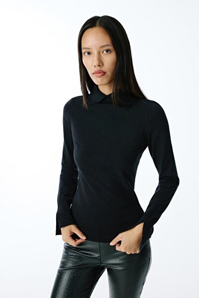 rue Basic Black Knit Blouse with Collar