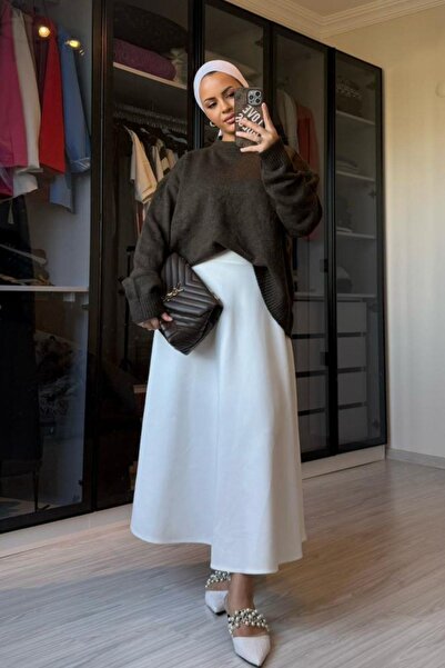 megapol giyim Women's Ecru Scuba Fabric Bell Skirt