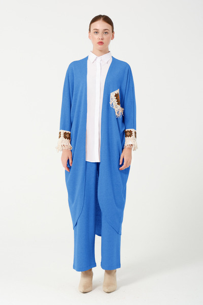 Hatun Atila Hatunatila Hera Fabric Oversize Cardigan Set with Pocket Detail 5004 Blue