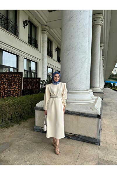 MEYSADESİGN Vatkalı Puf Scuba Elbise Beyaz