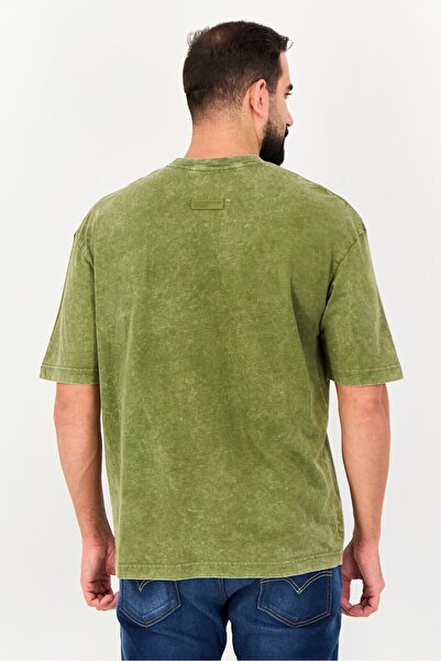 BLANK ESSENTIALS Men Crew Neck Short Sleeve Brand Logo T-Shirt, Washed Olive