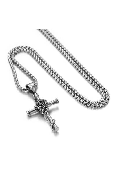 Tessero Colier cu design cubic și pandantiv cruce în formă de trandafir, oțel...