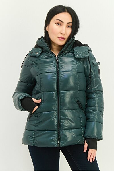 Steve Madden Women Hooded Brand Logo Puffer Jacket, Green