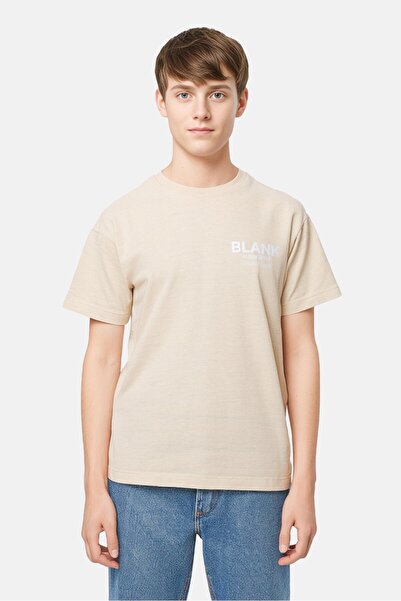 BLANK ESSENTIALS Kids Boy Short Sleeve Brand Logo T-shirt, Beige