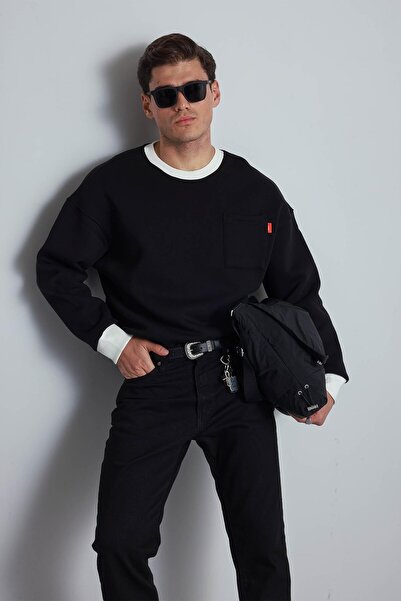 ablukaonline Hanorac oversize pentru bărbați cu detalii contrastante, negru