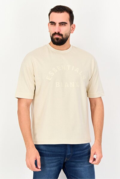 BLANK ESSENTIALS Men Crew Neck Short Sleeve Brand Logo T-Shirt, Beige