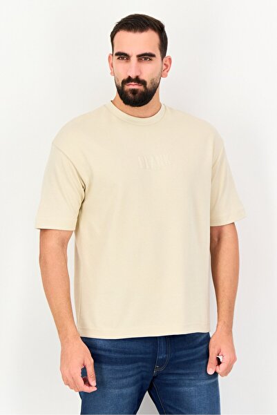 BLANK ESSENTIALS Men Crew Neck Brand Logo Short Sleeve T-Shirt, Beige