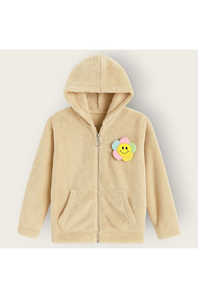 Hirazenmoda Κοριτσίστικη ζακέτα με αξεσουάρ Daisy oversized βελούδινη με τσέπες με φερμουάρ με κουκούλα