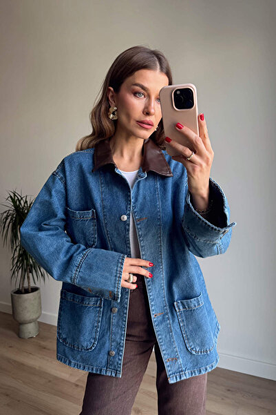 Sue Store Μπλε δερμάτινο τζιν μπουφάν με γιακά