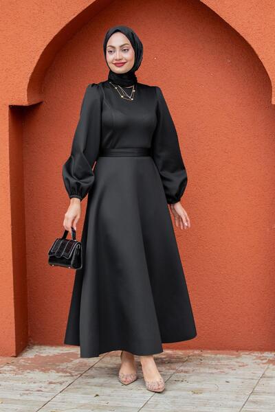 Tesettür Çarşım Luvi Pufy Dalgıç Balon Kollu Elbise-Siyah
