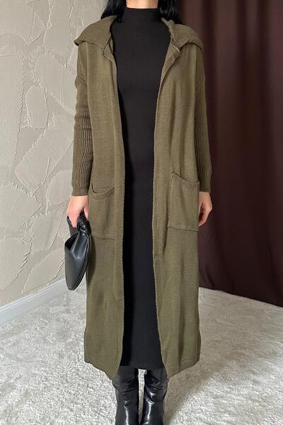 FASİON Kapüşonlu Sırtı Baskılı Cepli Uzun Hırka