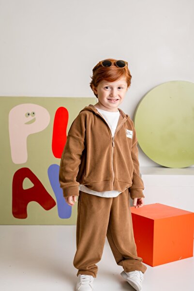 Zeyland Erkek Çocuk Kapşonlu Fermuarlı Polar İkili Takım - Kahverengi