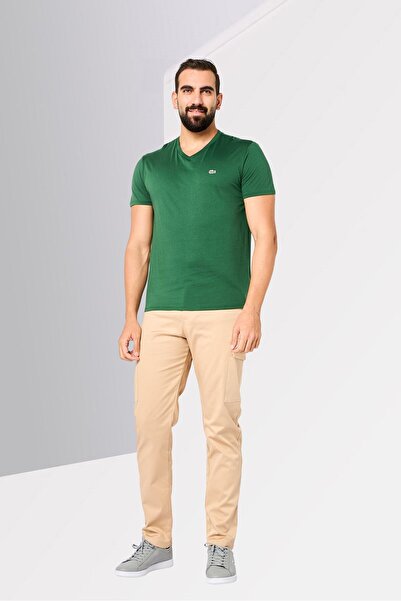 Lacoste Men V Neck Short Sleeve Brand Logo T-Shirt, Green