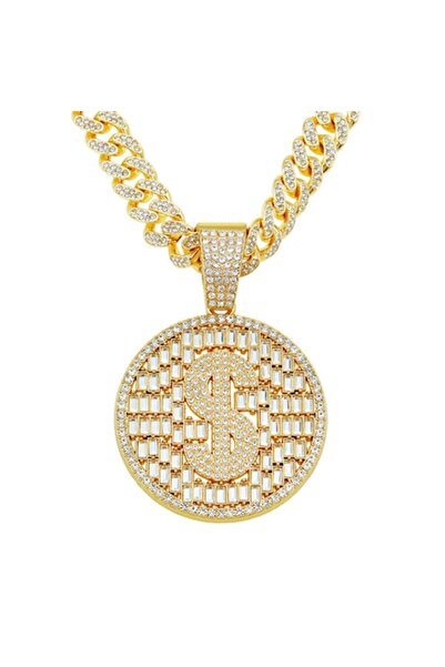 Tessero Colier cubanez cu pandantiv de dolar, placat cu aur de 18K, model Iced Out