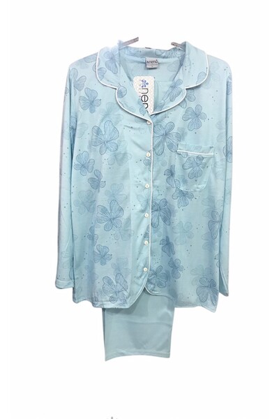 NENA COLLECTION Nena Uzun Kollu Önden Açık .% 100 Pamuk Pijama Takımı-14934