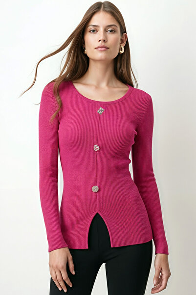 armonika Women's Fuchsia Wide Neckline Long Sleeve Front Slit Buttoned Blouse Arm-26K001008