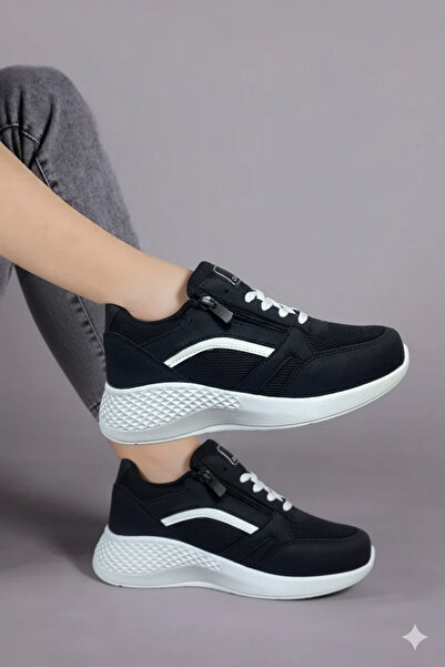 Scrooll Siyah Beyaz Fileli Kalın Taban Fermuarlı Sneaker Kadın Spor Ayakkabı