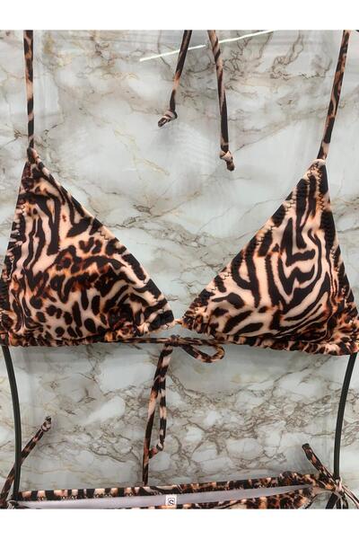 VAJESTO Kadın Kahverengi Leopar Desen Üçgen Bikini Takım Likralı Esnek Yandan Boyundan Bağlamalı Şık İpli