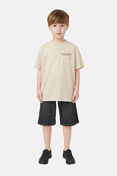 BLANK ESSENTIALS Kids Boy Short Sleeve Brand Logo T-shirt, Beige