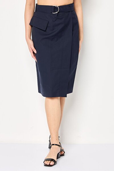 Lacoste Women Solid Belted Midi Skirts, Navy