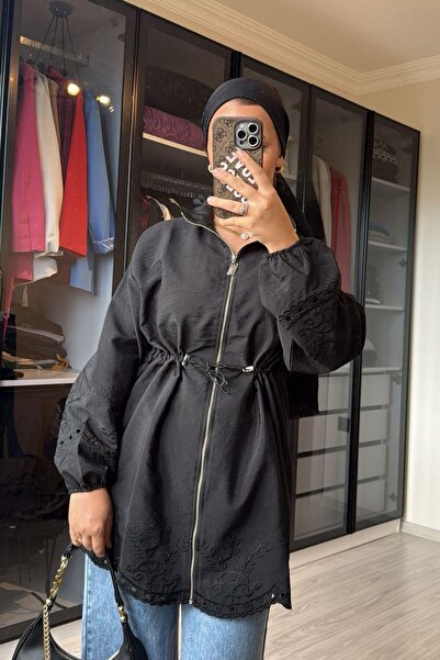 megapol giyim Kadın Siyah Nakış Detaylı Trenç Ceket