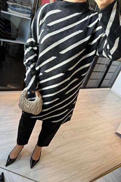 megapol giyim Women's Black Stripe Detailed Bearded Long Sweater
