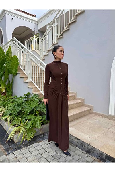 ROUPAS COLLECTİON Omuz Vatkalı Boğaz Düğmeli Elbise