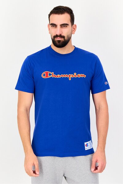 Champion تي شيرت رجالي رياضي مناسب للأنشطة الخارجية بشعار مطرز، أزرق