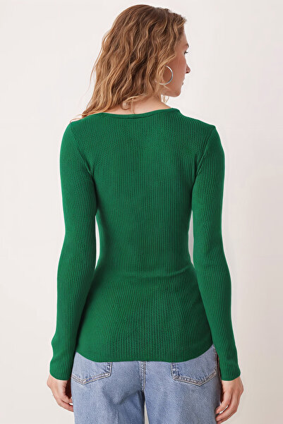 armonika Women's Green Wide Neckline Long Sleeve Front Slit Buttoned Blouse Arm-26K001008
