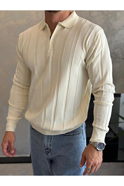 ECARTS Men's Regular Fit Half Zipper Ribbed Knit Sweater Cream Eca047