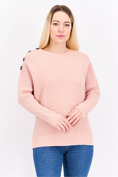 Poof Women Crew Neck Knitted Sweater, Pink