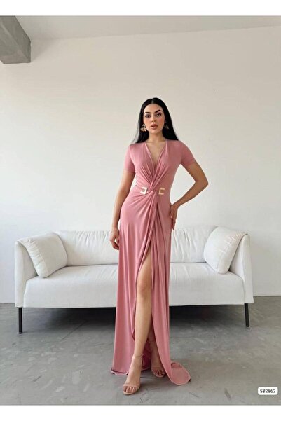 Modafeminen Esnek Sandy Kumas Derin V Yaka Yirtmaçlı Kisa Kollu Maxi Abiye Elbise PUDRA 582862