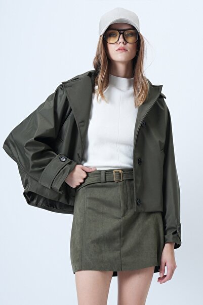 VAGGON Kadın Haki Çift Cepli Düğme Kapamalı Kısa Trençkot Vs01307