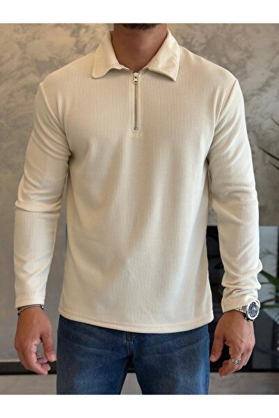 ECARTS Men's Zipper Detailed Corduroy Sweater Stone Eca032