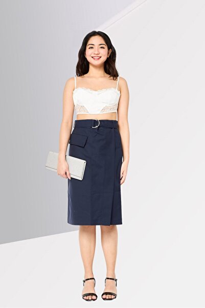 Lacoste Women Solid Belted Midi Skirts, Navy