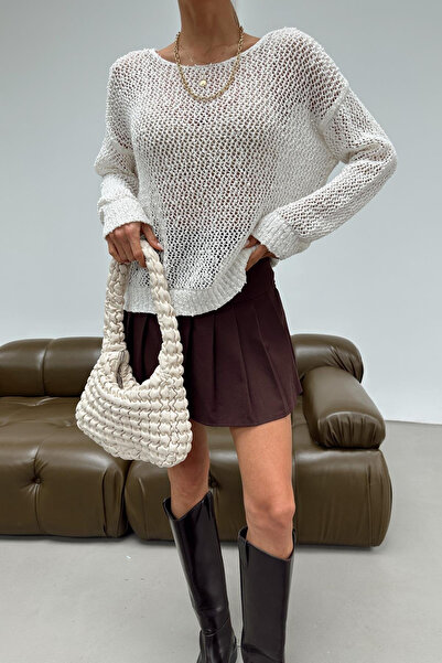 LACHT Women's Ecru Oversized Boat Neck Openwork Knit Sweater