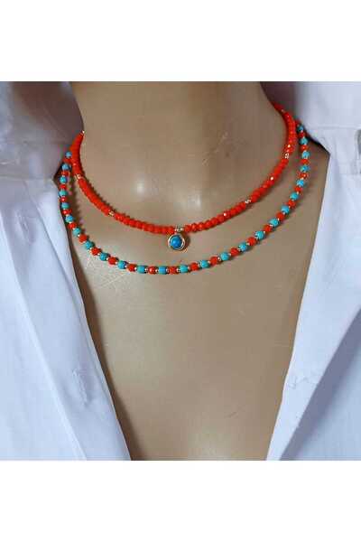 shop Lina Turuncu Kristal & Havlit Taşlı Altın Kaplama İkili Kolye