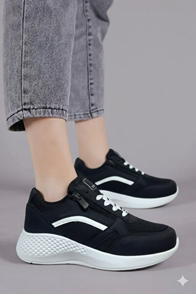 Scrooll Siyah Beyaz Fileli Kalın Taban Fermuarlı Sneaker Kadın Spor Ayakkabı