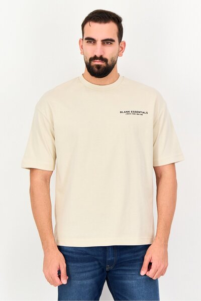 BLANK ESSENTIALS Men Crew Neck Short Sleeve Graphic Print T-Shirt, Beige